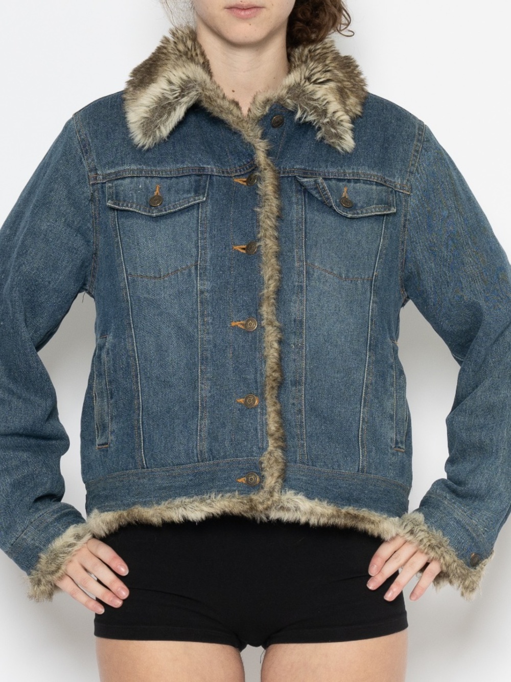 Y2k faux fur trim denim jacket coat button up size medium fabio